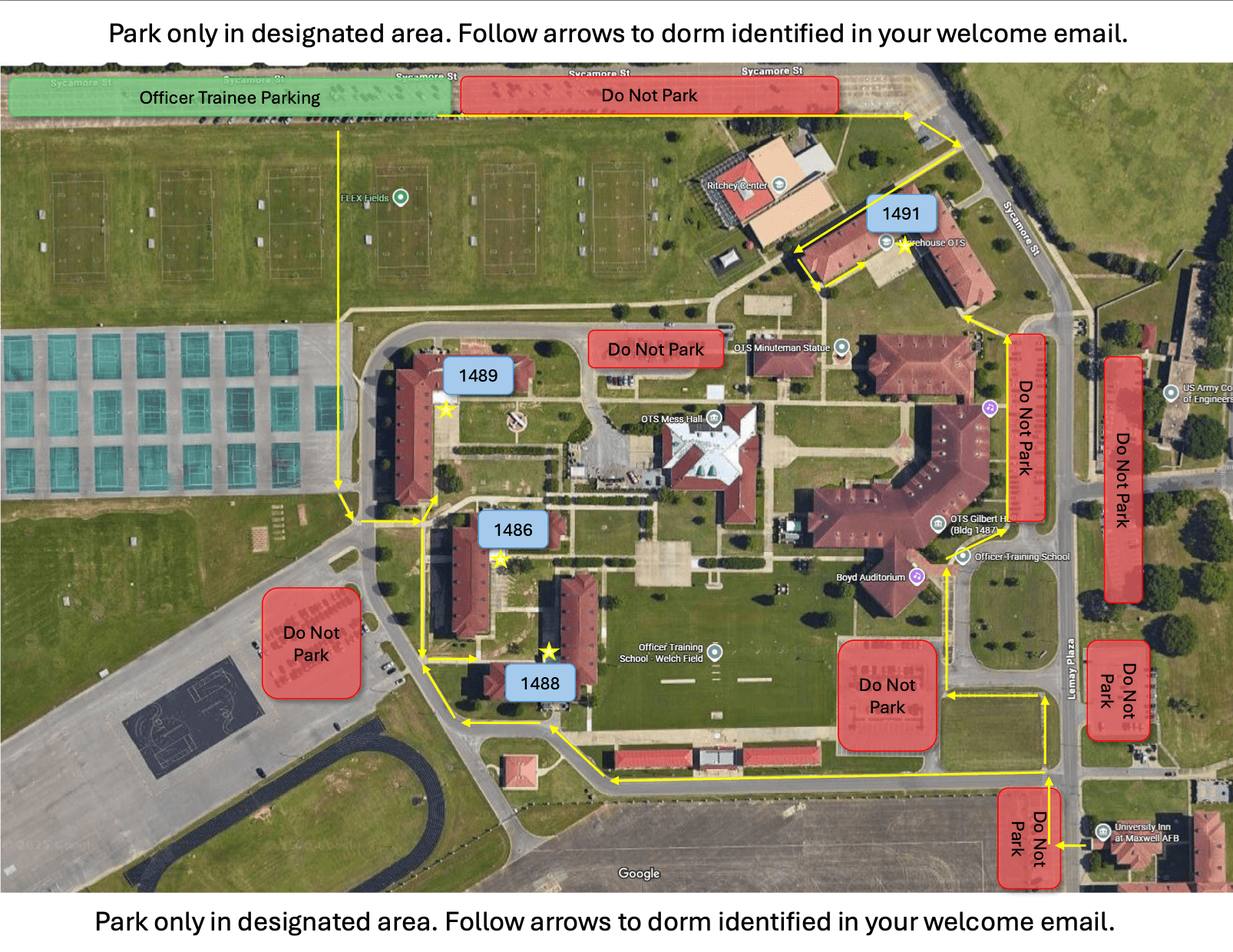 OTS campus map showing officer trainee parking and dorm buildings 1486, 1488, 1489, and 1491